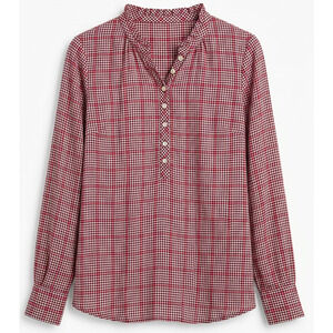 Talbots Petite Medium Plaid Henley Blouse Ruffle Neck Long Sleeve Brown Pink